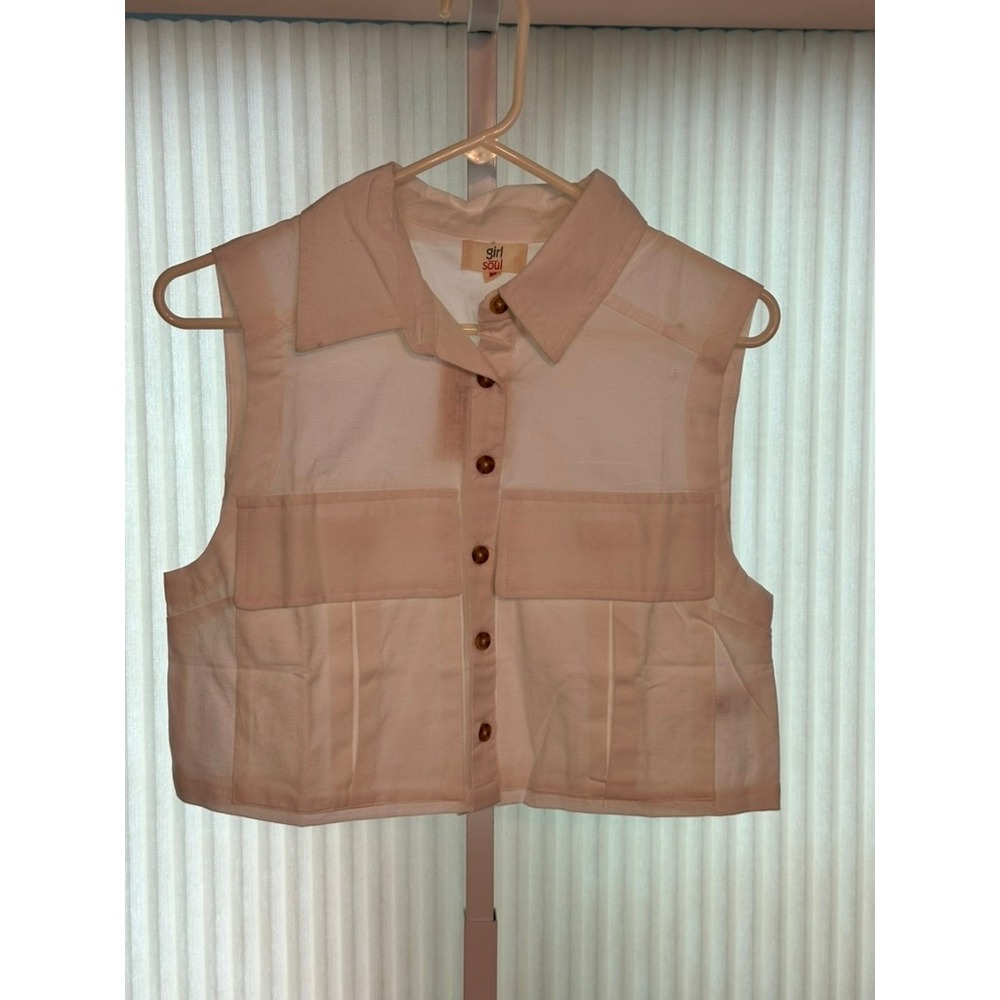 Girl Soul White Cropped Utility Vest Button Front‎ Linen Blend Size M